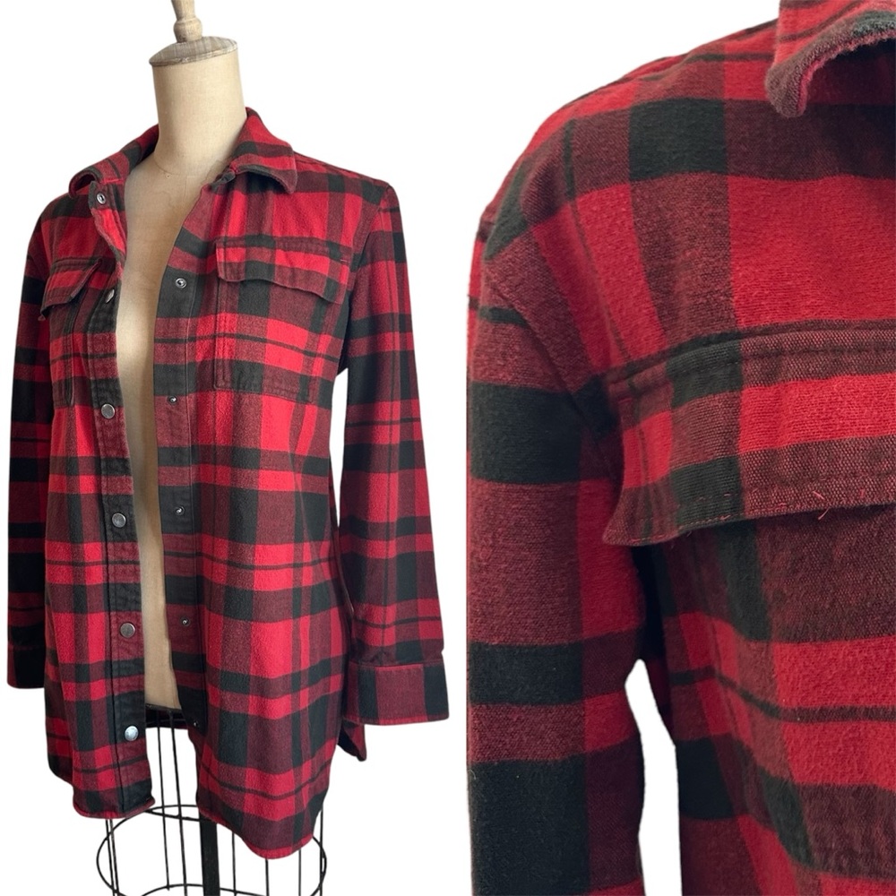 LL Bean Signature S Red Plaid Oversized Flannel Shirt
